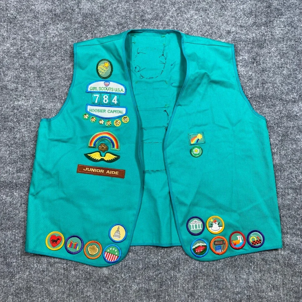Vintage‎ Girl Scouts USA Junior Aide Vest Teal Hoosier Capital 784 Patches 1990s